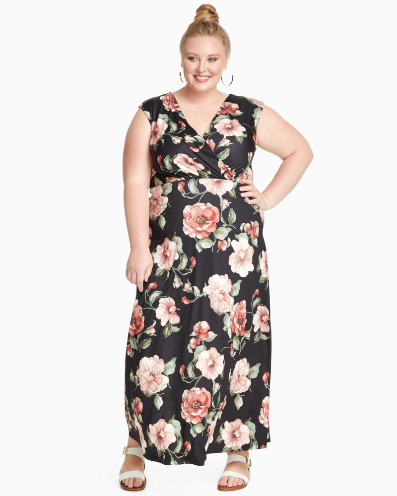 Plus size model with apple body shape wearing Springfield V-Neck Maxi Dress by Meri Skye | Dia&Co | dia_product_style_image_id:111641